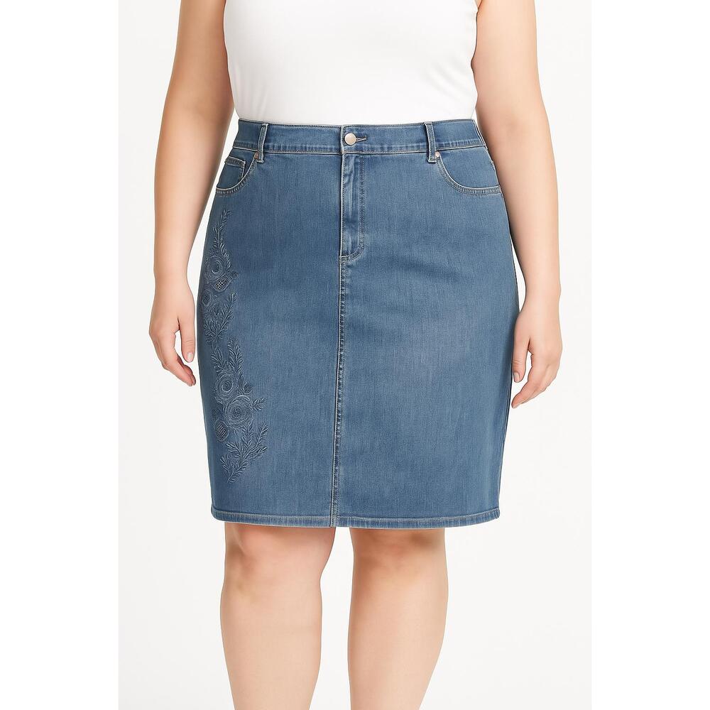 Talbots Plus Skirt Womens 22W Blue Medium Wash Embroidered Pockets Pencil